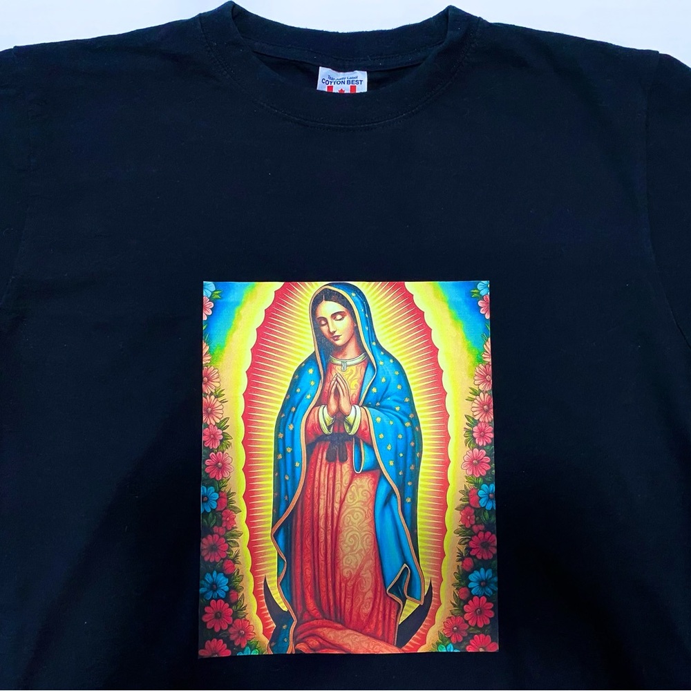 Lady of Guadalupe (Virgin Mary) Black Tee with Vibrant Color Print (Large size)